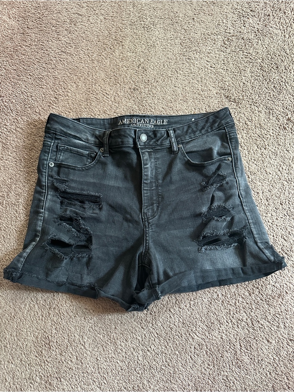 American Eagle Super Hi Rise Shortie Black Ripped Denim Women's Shorts